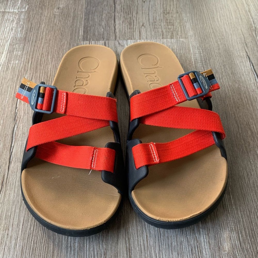 Chaco Chillo Sandal Slides Flip Flops Red Orange Gray Black Brown Stripe Size 11